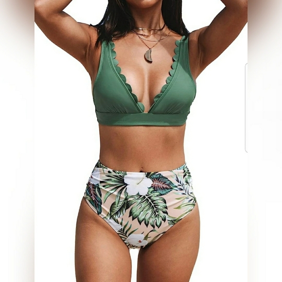 Other - 🐬Women Scalloped V Neck Bikini Swimsuit High Wais